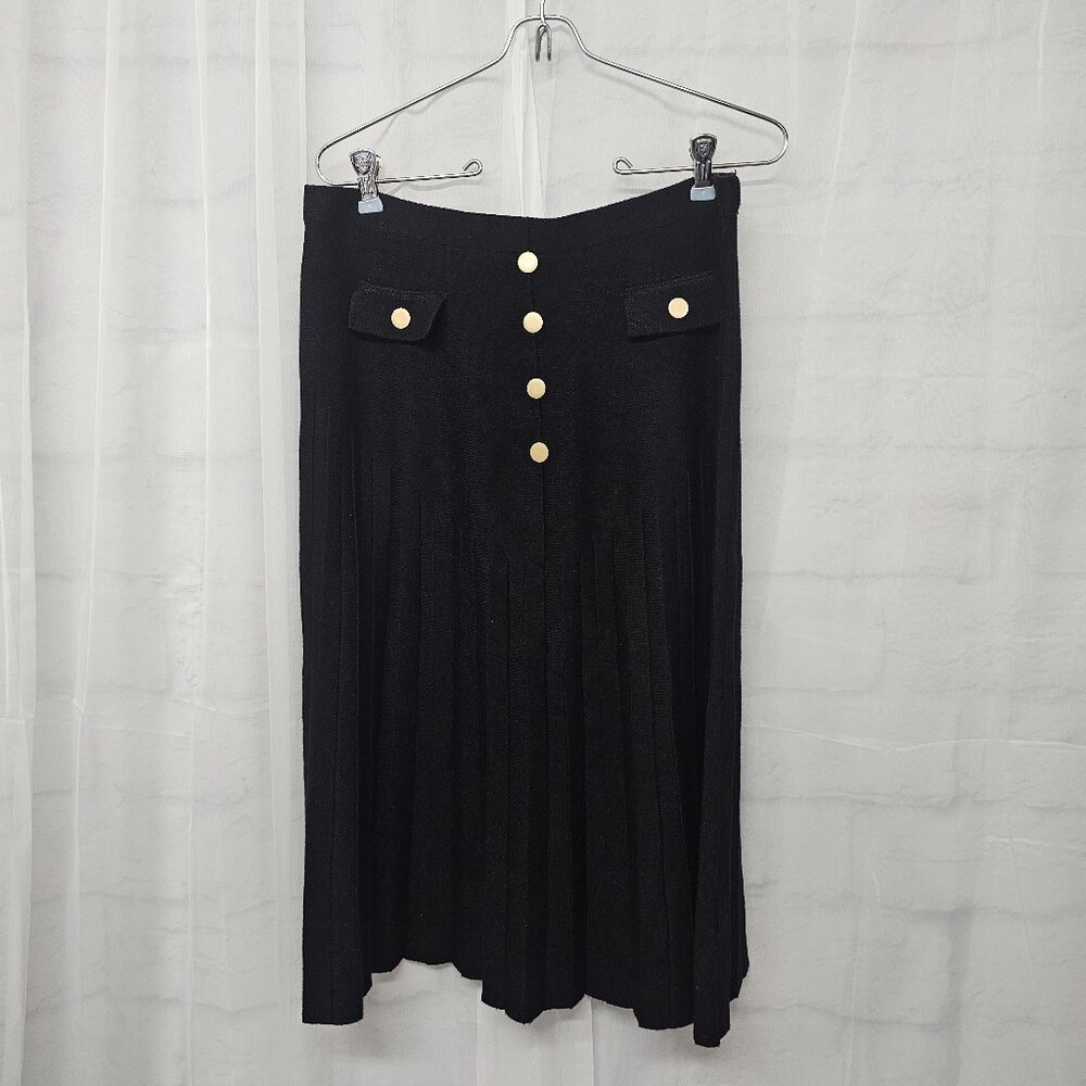 Milano Black Knit Pleated Skirt Midi Coquette Classic Money Office Formal L